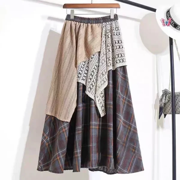 Vintage Ethnic Style Women's Mid-Length Plaid Patchwork Half Skirt High Waist Autumn Season Natural Waistline - Image 2
