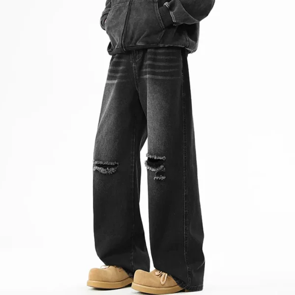 2025 Vintage Ripped Jeans for Men Loose Fit High Waist Straight Casual Pants Wide Leg All Seasons Denim Washed - Image 4