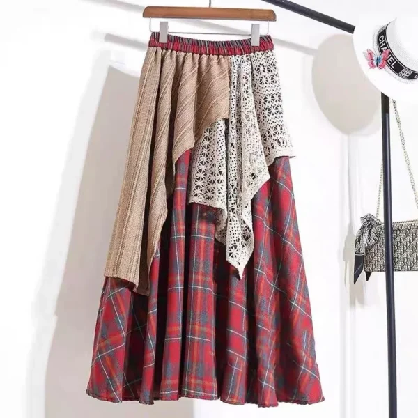 Vintage Ethnic Style Women's Mid-Length Plaid Patchwork Half Skirt High Waist Autumn Season Natural Waistline