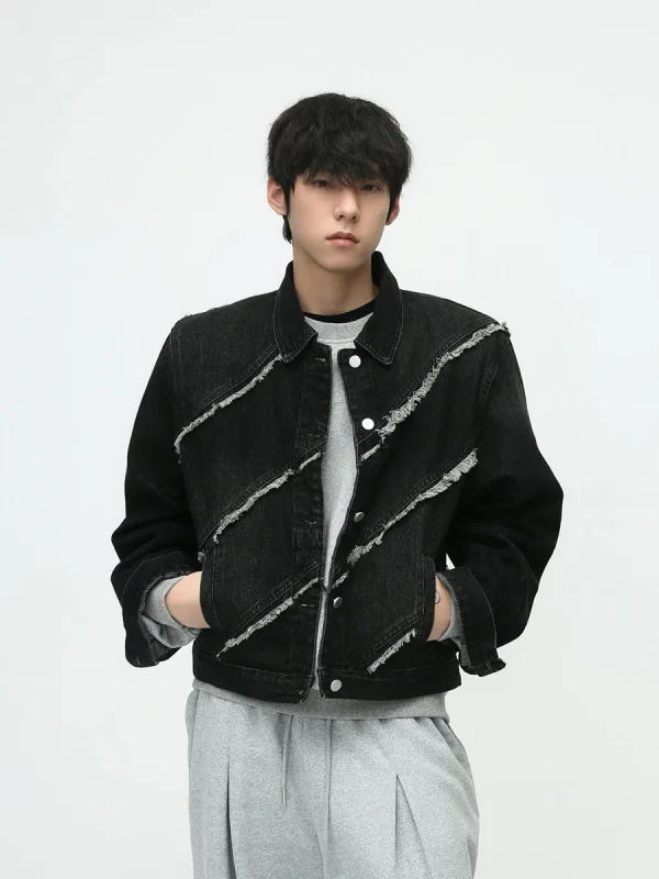 Denim Jacket Men's Autumn New Street Raw Edge Splicing Design Short Denim Jacket for Men - Image 4