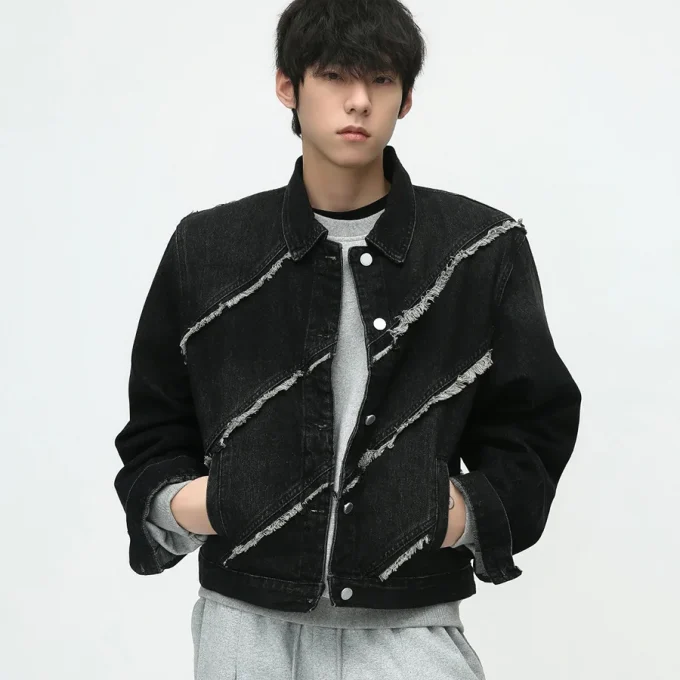 Denim Jacket Men's Autumn New Street Raw Edge Splicing Design Short Denim Jacket for Men