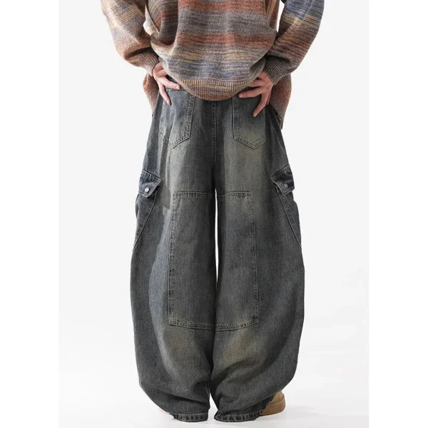 2025 Spring/Autumn New Style Men's Scimitar Jeans Fashionable Wide-Leg Cargo Pants Multi-Flap Pocket Street-Made - Image 2