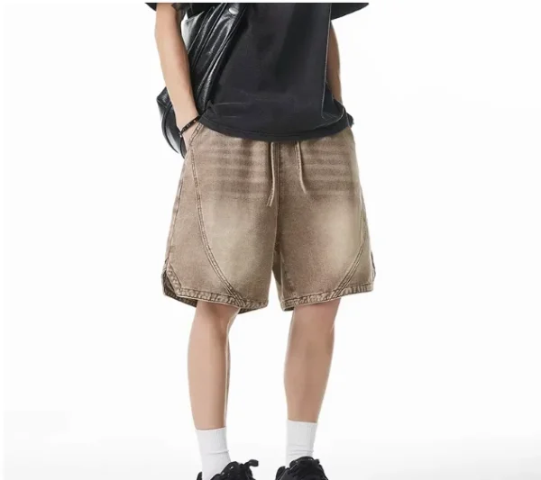 New American Retro Workwear Shorts for Men Five-Point Split Cut Design Washed Vintage Denim Summer Trendy Knitted