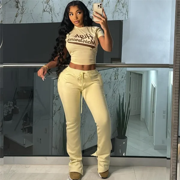 Sexy Printed Navel-revealed Short Sleeves High Waist Slim Trousers Casual Suit for Women - Image 3