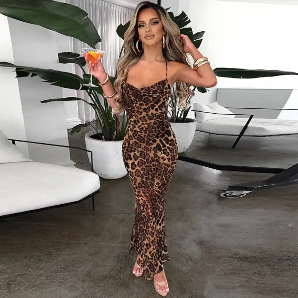 Dress European American New Leopard Print Sexy Backless Chiffon Plain - Image 3