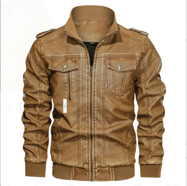 Washed Old Motorcycle Leather Jacket Men's Large Size Jacket Plain Dyed Euramerican Style Men's PU Stand 100% Polyester Knitted - Image 4