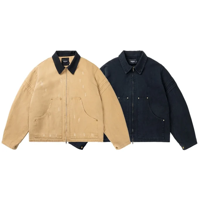 Cleanfit Washed Distressed DUCK Canvas Work Jacket for Men Women Barn Style Trendy Short Silhouette Stand Collar