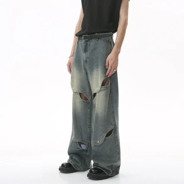 2025 Summer Men's Fashion New Metal Button Heavy Craft Design Jeans Hollow Wide Leg Baggy Jean Denim Fabric Washed Techniques - Image 4