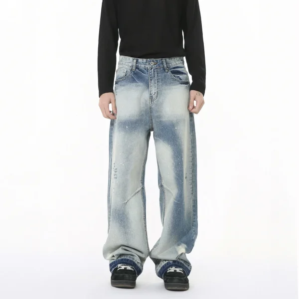 2025 Men's Summer Vintage Jeans High Street Vibe Heavy Craft Splash Ink Washed Frayed Denim Casual Style - Image 2