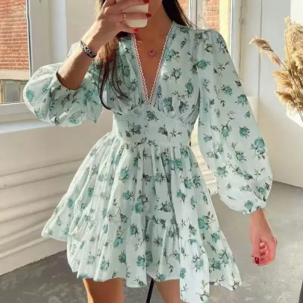 2025 European American Women's Floral V-Neck Lace Dress New Export Style Sweet Temperament Printed Summer Plain Dyed Short Dress - Image 2