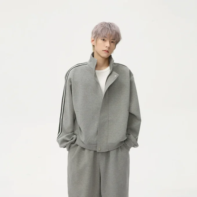 Men's Fashion New Casual Pants Zipper Jacket Side Stripe Color-Block Design Stand Collar Loose Fit Track Suit for Men