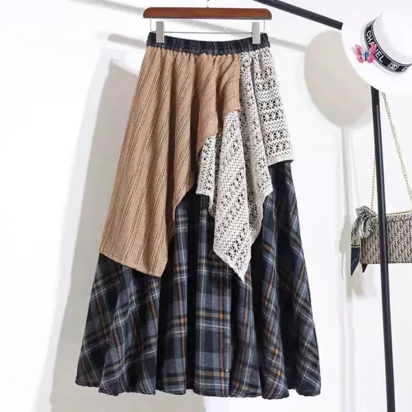 Vintage Ethnic Style Women's Mid-Length Plaid Patchwork Half Skirt High Waist Autumn Season Natural Waistline - Image 4