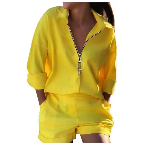 New Women's Casual 2-Piece Shorts Set Long-Sleeved Printed Zipper - Image 3