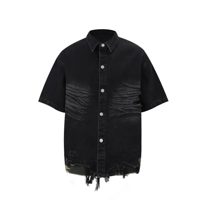 Fashionable Cut-Edge Stitching Leopard Print Japanese Style Denim Shirt and Shorts Sets Men's Casual Half-Sleeved Clothing Suit