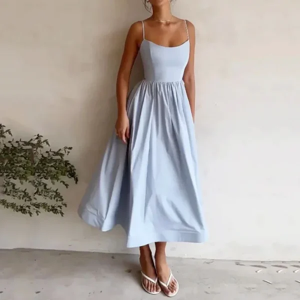 2025 Summer New Women's Fashion Cross-Border Satin Dress Casual U-Neck Waist-Cinching Ruched Strap Sexy Solid Spaghetti Natural - Image 4