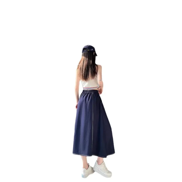 Summer Vintage Versatile Korean Style A-Line Skirt Midi College Wind Stitched Decoration Slimming Loose Pocket Denim New - Image 5