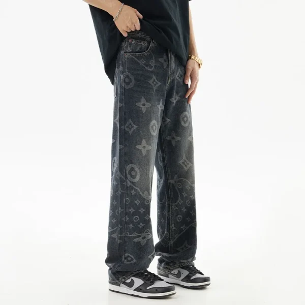 2025 New American Style Men's Jeans Fun Print Fashion High Street Trendy Washed Straight Wide Leg Denim Fabric Pants - Image 3