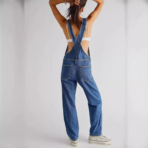Women's Loose Denim Solid Waist Overalls with Button Washed Technique Casual Summer Vacation Print Print Design - Image 2