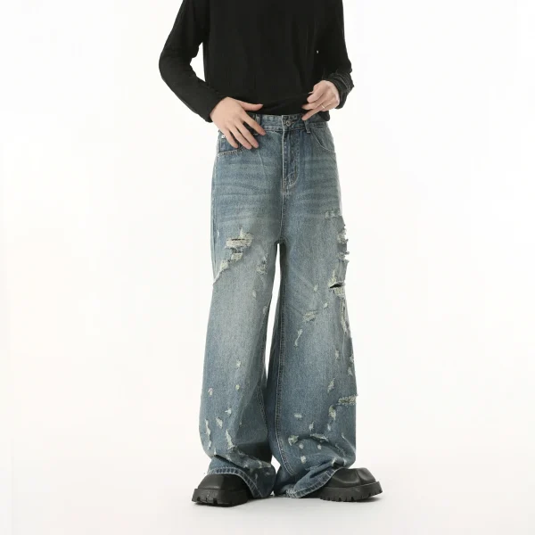 2025 New Men's Unique Irregular Ripped Straight Wide Leg Jeans High Street Casual Denim Pants Washed Distressed Baggy Jeans - Image 4