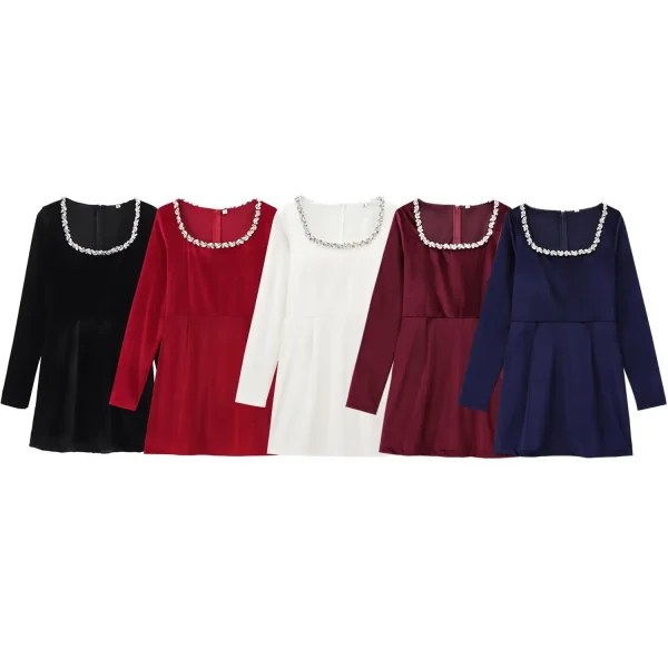 2025 European American Women's Cross-Border Holiday Banquet Dress Velvet Slim-Fitting Diamond Fashion Long-Sleeved Hepburn Style - Image 6