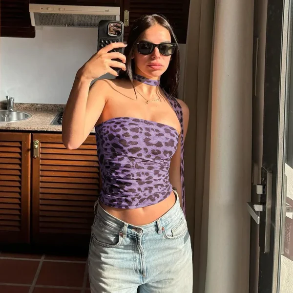 Leopard Print Hot Girl Pure Desire Style Off-Shoulder Tube Top Slim Fit Strapless - Image 4