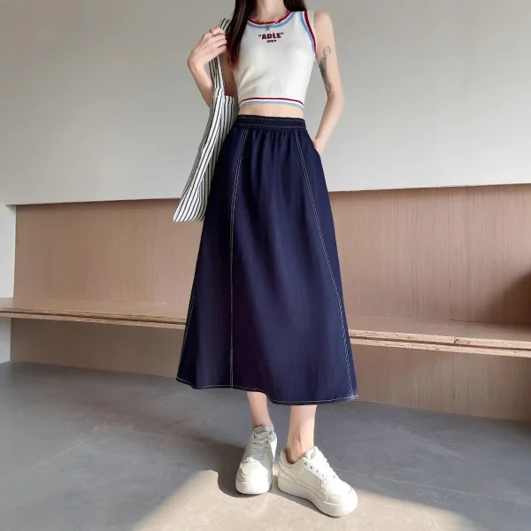 Summer Vintage Versatile Korean Style A-Line Skirt Midi College Wind Stitched Decoration Slimming Loose Pocket Denim New