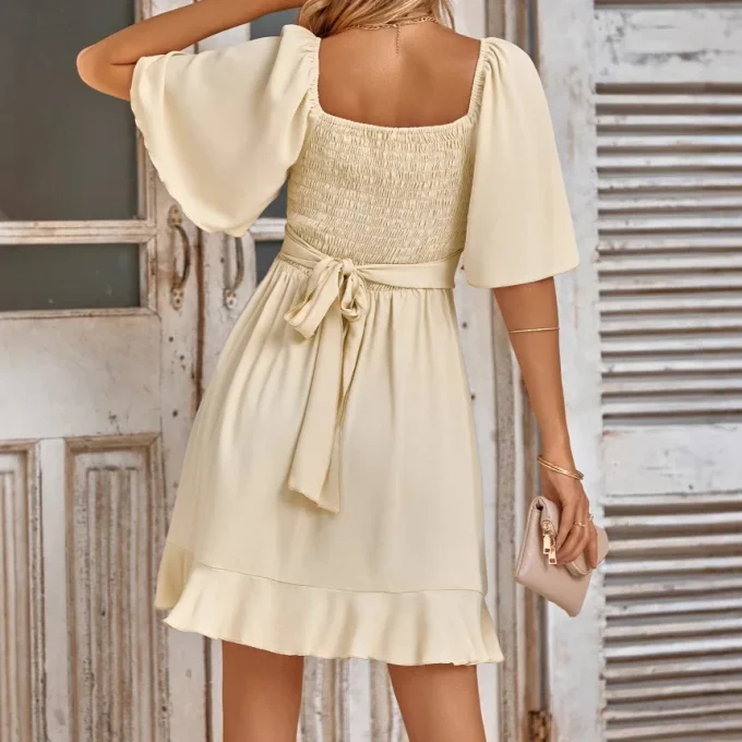 2025 European American Cross-Border Spring Summer New Short Sleeve V-Neck Casual Dress Solid Color Waist-Cinching Ruffle Simple