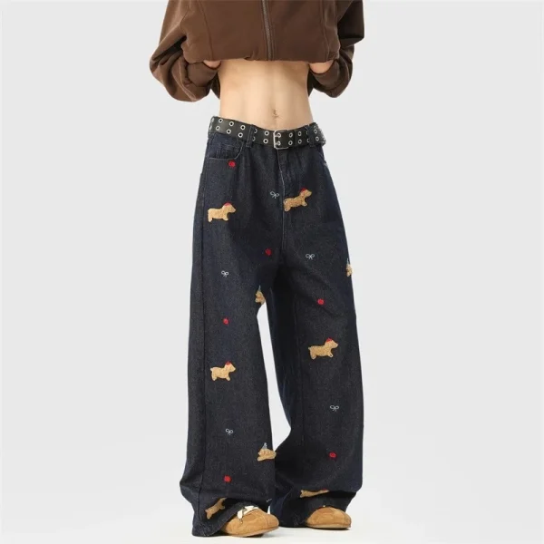 2025 Spring Fall New Arrival American Retro Puppy Embroidered Wide-Leg Jeans Men's/Women's Casual Loose Denim Medium - Image 3