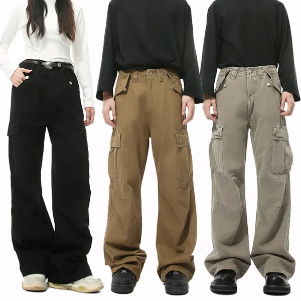 2025 Men's Retro Straight Cargo Jeans Mid Waist Solid Pattern Heavy Craft Washed Denim Fabric Casual Trend for Winter