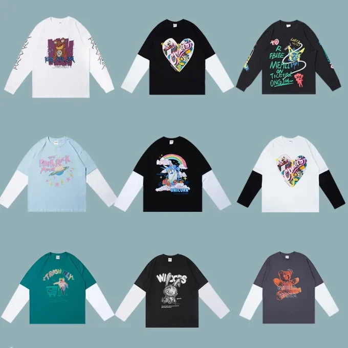 Double Layer Long Sleeve T-shirt Graphic Tee Streetwear Men Women T Shirt Heavyweight Oversized Cotton Vintage Tshirt