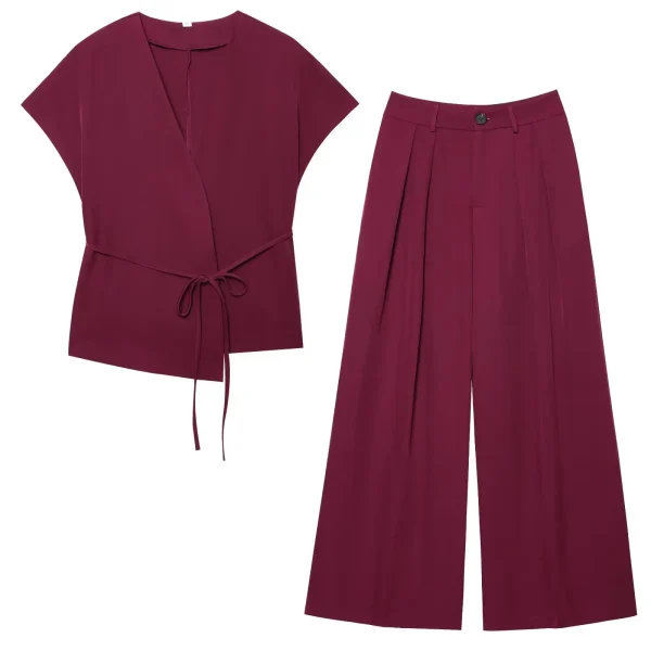 Women's Spring Summer Casual Suit New Solid Color V-Neck Lace-Up Top