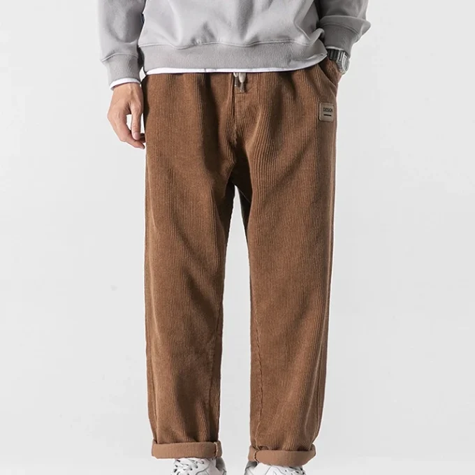 100% Cotton Front Pleat Relaxed Fit Corduroy Chino Pants for Men