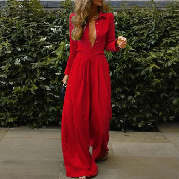 Women's Casual Fashion Two-Piece Set Stylish Solid Color Shirt Loose Long Pants - Image 3