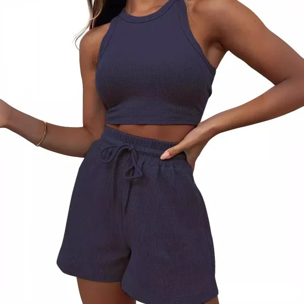 2025 Summer Women's Cross-Border Fashion Casual 2-Piece Set Sleeveless Waffle Vest and Above Knee Top Solid Color - Image 2
