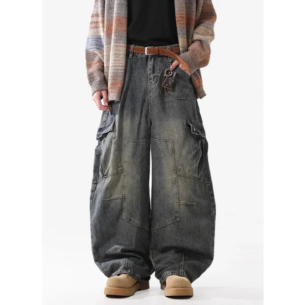 2025 Spring/Autumn New Style Men's Scimitar Jeans Fashionable Wide-Leg Cargo Pants Multi-Flap Pocket Street-Made - Image 3