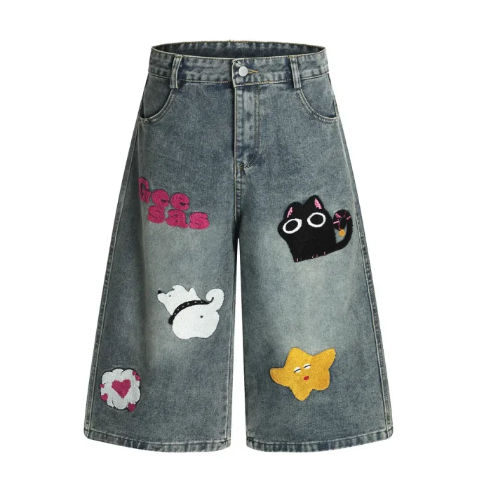 Autumn and Summer New Loose Wide-leg Korean Style Retro Shorts Jeans Men's Size