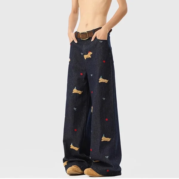 2025 Spring Fall New Arrival American Retro Puppy Embroidered Wide-Leg Jeans Men's/Women's Casual Loose Denim Medium - Image 6