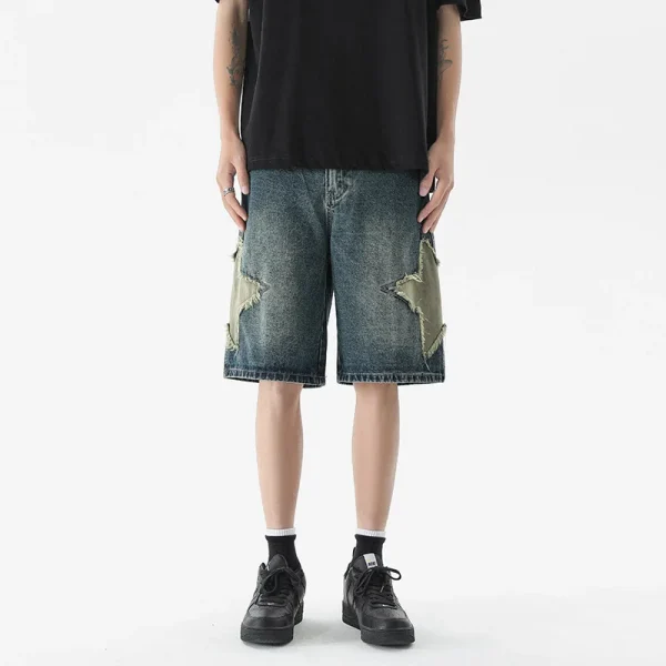 Bermuda Streetwear Distressed Star Embroidery Denim Jean Cotton Baggy Shorts for Mens - Image 2