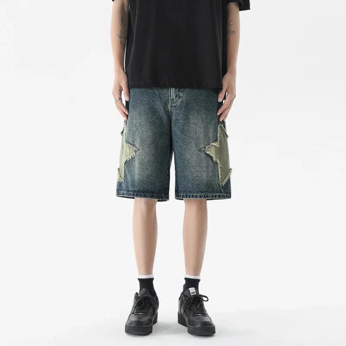 Bermuda Streetwear Distressed Star Embroidery Denim Jean Cotton Baggy Shorts for Mens