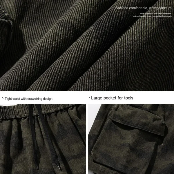 Vintage Summer Style Men's Camouflage Cargo Shorts 100% Cotton Large Pockets Five-Point Casual Outdoor Sports Shorts Drawstring - Image 4