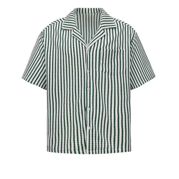 Summer Casual Top Men's Vertical Striped Shirt Trendy Loose Fit Cuban Style Short Sleeve Turn-Down Stand Collar Shirts - Image 5