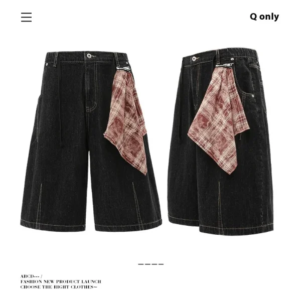 2025 Color-Block Square Scarf Design Denim Shorts Unisex Loose Summer Casual Cropped Pants Straight Breathable - Image 3
