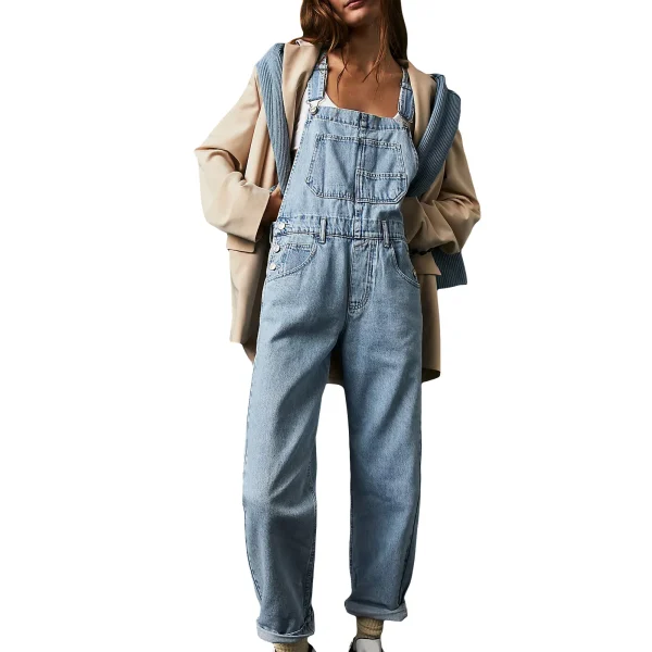 Women's Loose Denim Solid Waist Overalls with Button Washed Technique Casual Summer Vacation Print Print Design - Image 3