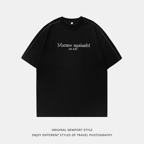 Men's Summer Half Sleeve T-Shirt Solid Pattern Cotton High Street Textured Embroidery Color-Block Stitching Broken Letter Design - Image 5