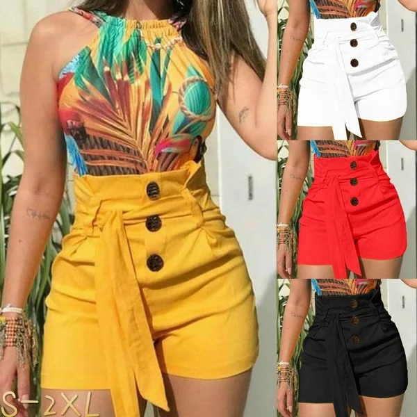 European and American Women's Casual Slim Fashion Shorts High Waist Belt Beach Shorts Hot Selling
