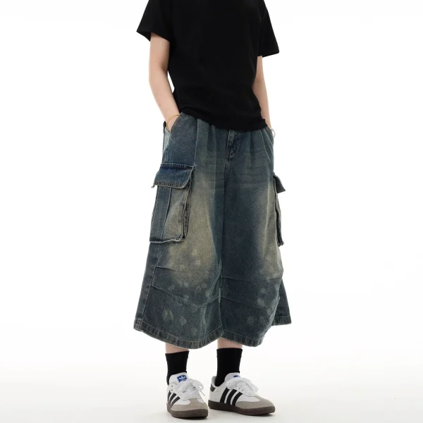 2025 Summer Unisex Loose Straight Leg Mid-Length Jeans New Multi-Pocket Pleated Cargo Spotted Washed Draping Effect Unisex Denim