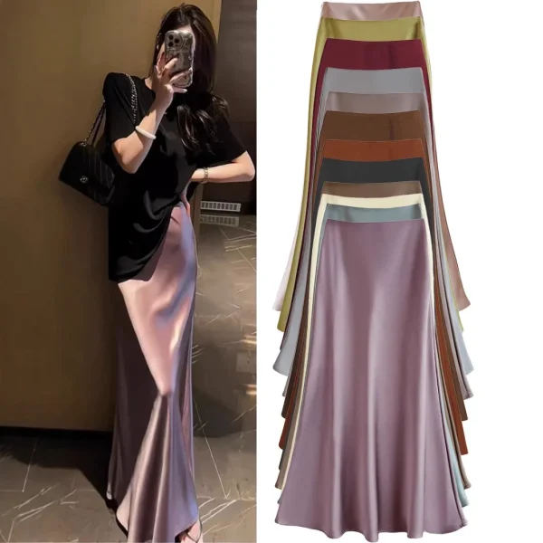 Women's High Waist A-Line Fishtail Skirt Long Satin-Draped Acetate Skirt with French Style for Spring Summer Casual Dressing