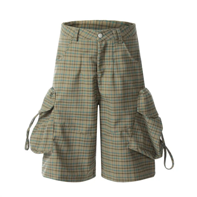 Loose Plaid 3D Pocket Cargo Men Shorts European American High Streetpants Vibe Design Wide Leg Five-Point Casual Knitted Pants - Image 5