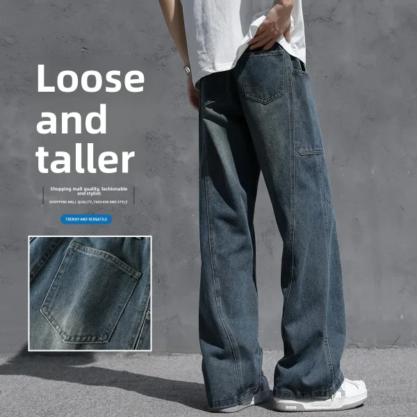 2025 Trendy Mid-Casual Washed Denim Men's Jeans New Style with Real Curved Knife Straight Slightly Flared Pants for Summer - Image 6