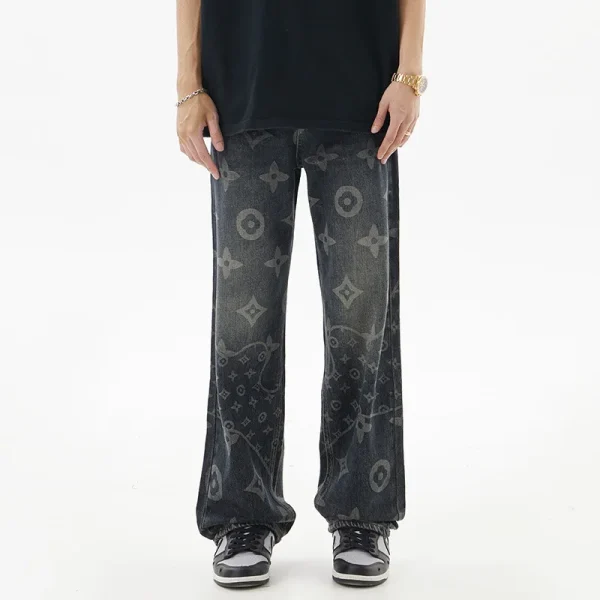 2025 New American Style Men's Jeans Fun Print Fashion High Street Trendy Washed Straight Wide Leg Denim Fabric Pants - Image 6